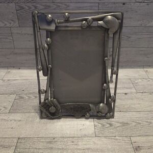 Baseball Themed Metal Picture Frame Sports Decor Bats Balls Glove Pewter Tone
